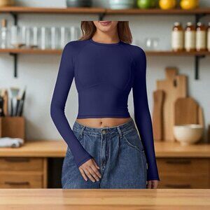 Women Crew Neck Long Sleeve Shirt Size XS Black Fitted Crop Seam Cup Going Out